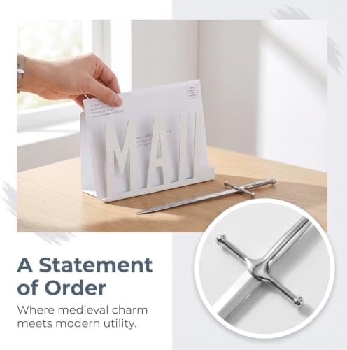 Cutout Mail Lettering Design Mail Holder Organizer Countertop with Sword Letter Opener Set Office Mail Basket Mail Holder and Cute Mail Envelope Opener Sword(White)