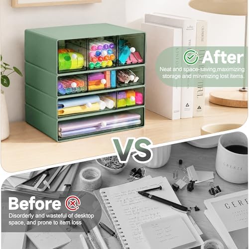 Desk Organizer with 9 Drawers, 4 Tiers Stackable Storage Drawers, Desktop Storage Box with Clear Drawers for Stationery, Makeup, Jewelry, Office and Craft Supplies (Green)