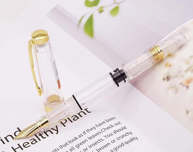 Lanxivi Yongsheng 3011 Demonstrator Clear Classical Fountain Pen Fine Nib Arrow Clip, Piston Filling System, Gold Trim, Set of 4 Pieces in transparent Color