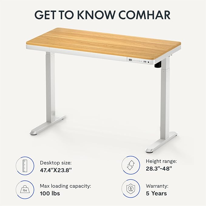 FLEXISPOT Electric Standing Desk with Drawer Storage Adjustable Height Quick Assembly Table w/USB Charge Ports, Child Lock (Natural Desktop + White Frame)