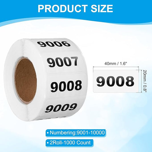 PATIKIL 0.8 x 1.6 Inch Inventory Number Sticker, 2 Roll 9001 to 10000 Consecutive Number Labels Self-Adhesive Labels Tag 1000 Stickers for Office Warehouse Numbering Classification, Black