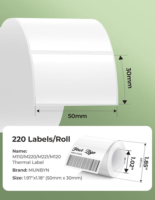 MUNBYN Thermal Sticker Labels, Self-Adhesive Barcode Label Paper for Direct Thermal Printer, Multi-Purpose Rectangle Address Shipping Mailing Stickers,1.97'' x 1.18'' (50mm x 30mm), White, 1 roll