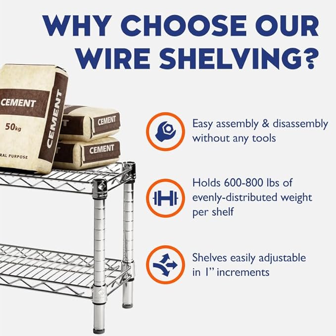 Shelving Inc. 8" d x 18" w Chrome Wire Shelving with 3 Tier Shelves, Weight Capacity 800lbs Per Shelf