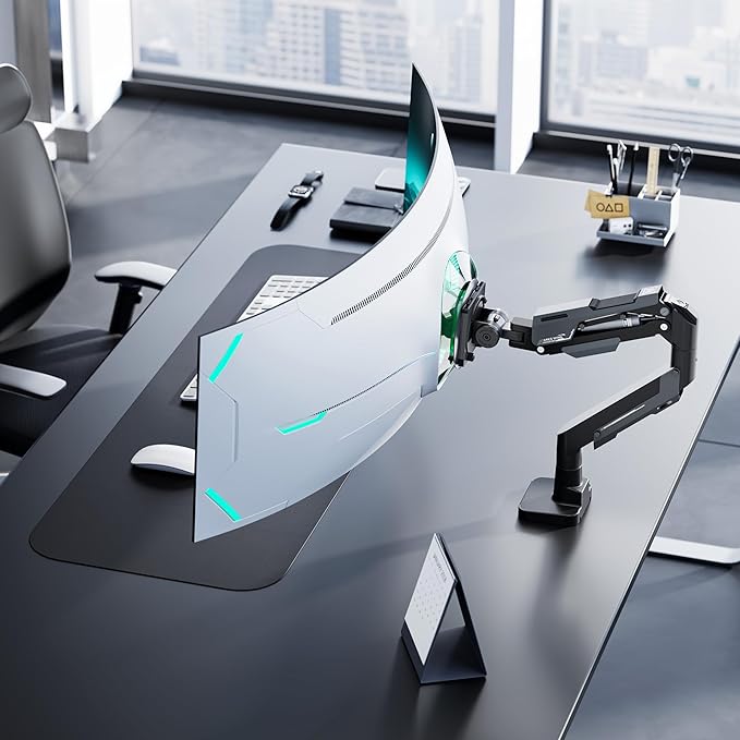 ARES WING Heavy Duty Single Monitor Arm - Gas Spring Aluminum Monitor Mount for 24"-57" Ultrawide Screens up to 66 lbs with Clamp/Grommet Desk Mount, 75/100/200 Vesa Mount, Black