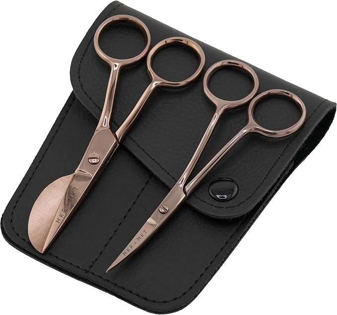 Small Embroidery 4.5 Inch Scissors Set of 2 Kit - Mini Double Bend Offset Duckbill and Double Bend Long Applique Needlepoint Blade with Pouch Sleeve (Rose Gold)