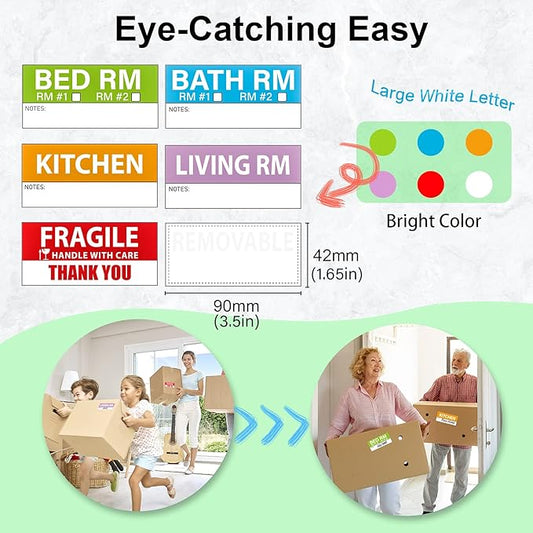 Yoget 42x90mm Large Home Moving Labels for Apartment Moving, 4 Different Color Coded Packing Stickers + 40Pcs Fragile Stickers + 40 Pcs Removable Blank Furniture Labels (240 Labels)