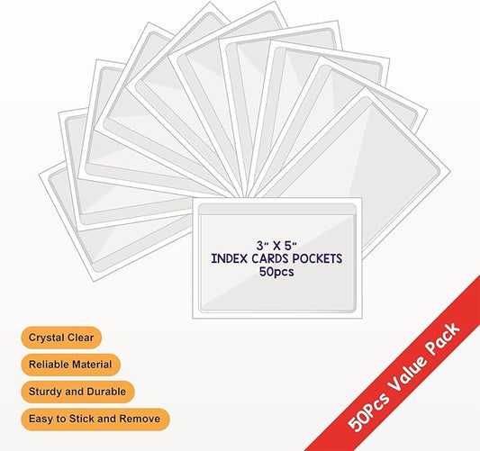 Clear Adhesive 3" x 5" Index Card Pockets With Top Open Loading, 50 Pack, Plastic Labels Holders for Storage Bins and Library, Ideal for Organizing and Protecting Your Cards