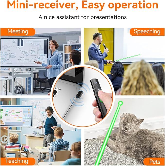 Wireless Presentation Clicker PowerPoint Presenter Remote: Rechargeable Green Laser Pointer Clickers for Computer/Mac/PPT/Slideshow/Google Slide Advancer