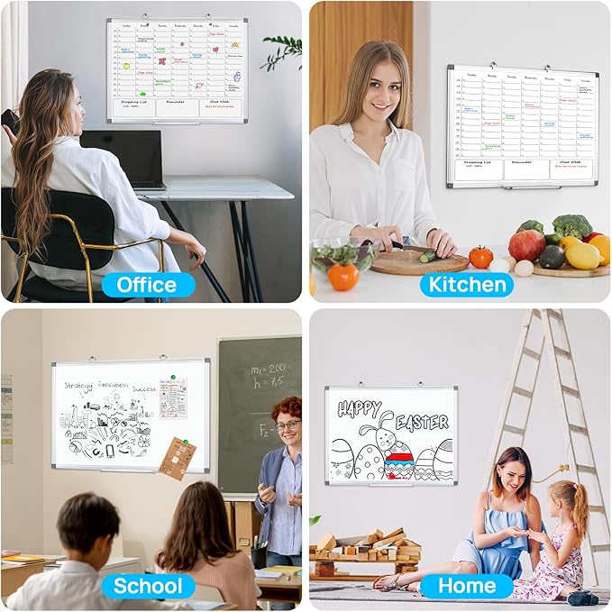 White Board Dry Erase Calendar for Wall, Magnetic Weekly Schedule-Board with Hourly Time Slots for Home, Office,Work, School, Hanging Double-Sided Whiteboard with Marker Tray, 36" × 24"