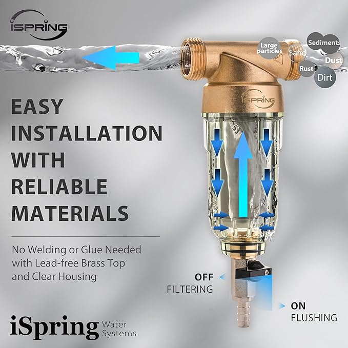 iSpring WGB21BM 2-Stage Whole House Water Filtration System, 10”x4.5” & Manganese Reducing Filters, 1" Ports & WSP-100 Reusable Whole House Spin Down Sediment Water Filter, 1" MNPT + 3/4" FNPT, Brass