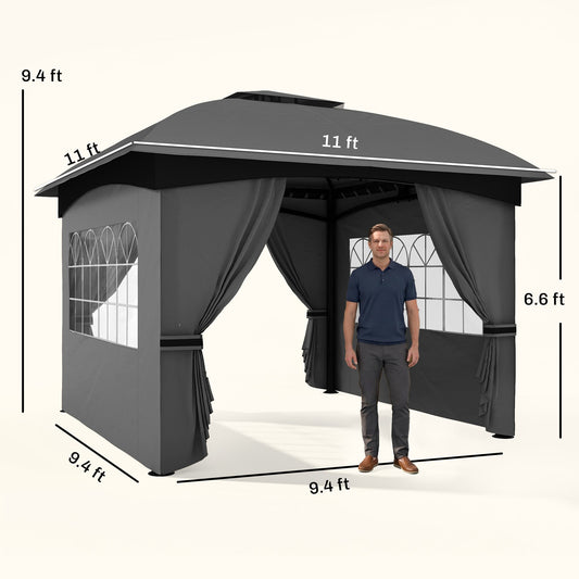 11' x 11' Outdoor Gazebo, Double Roof Patio Gazebo with Curtains, Church Windows, Galvanized Steel Frame, Dark Gray