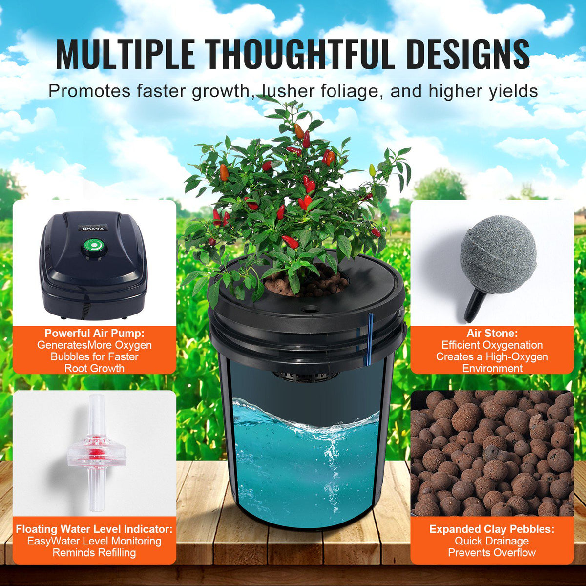 DWC Hydroponic System, 5 Gallon 4 Buckets, Deep Water Culture Growing Bucket, Hydroponics Grow Kit with Pump, Air Stone and Water Level Device, for Indoor/Outdoor Leafy Vegetables