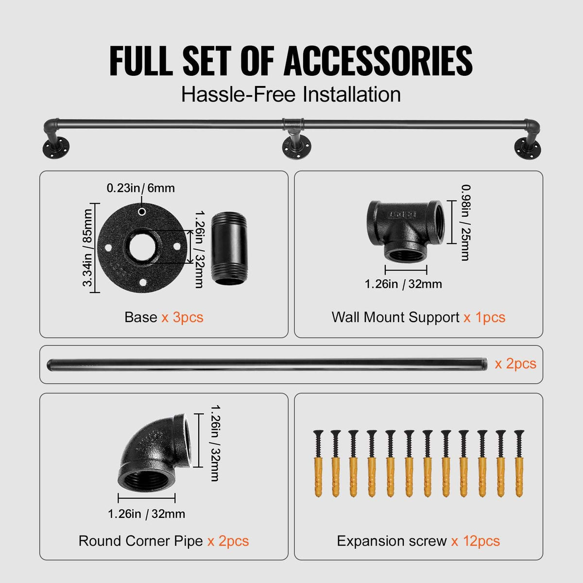 Pipe Stair Handrail, 4FT Staircase Handrail, 440LBS Load Capacity Carbon Steel Pipe Handrail, Industrial Pipe Handrail with Wall Mount Support, Round Corner Wall Handrailings for Indoor, Outdoor
