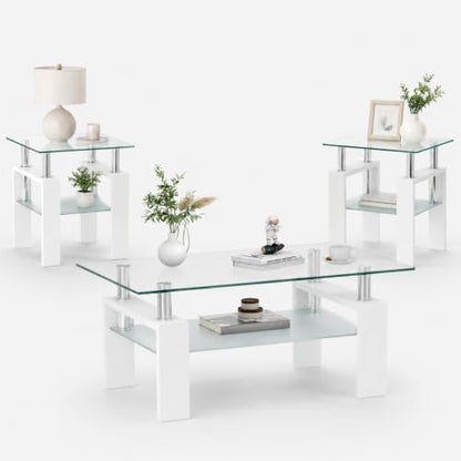 3-Piece Coffee Table Set, Glass Coffee Table with 2 End Tables