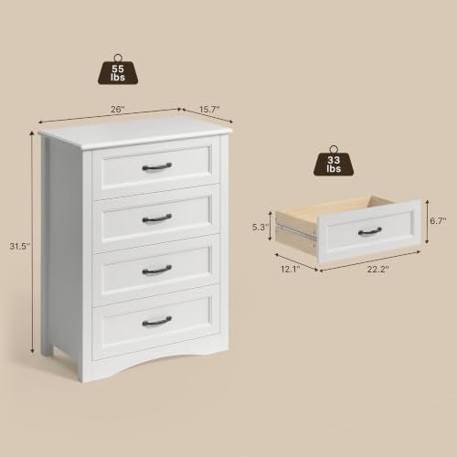 4 Drawer Dresser for Bedroom, Wood Storage Chest, White