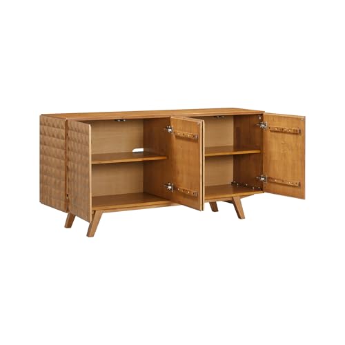 Sapa Mid-Century Modern Solid Wood Sideboard – 4-Door Accent Buffet Cabinet with Carved Geometric Fronts, for Living Room, or Entryway, Effortless Assembly, Teak Look