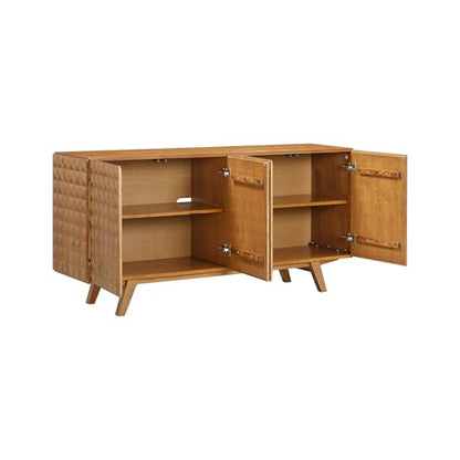 Sapa Mid-Century Modern Solid Wood Sideboard – 4-Door Accent Buffet Cabinet with Carved Geometric Fronts, for Living Room, or Entryway, Effortless Assembly, Teak Look