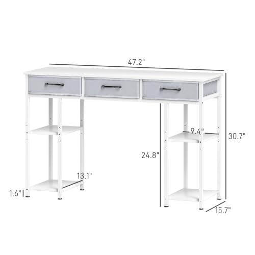 47" Computer Desk with 3 Fabric Drawers Home Office White