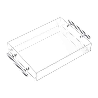 Richboom Clear Acrylic Serving Tray 16"x12" - Coffee Table Living Room Kitchen Decorative Tray with Silver Metal Handles, Bathroom Vanity Tray Perfume Cosmetic Storage Organizer - size: 16" x 12" x 2"