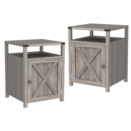 Farmhouse Nightstand Set of 2 with Storage, Rustic End Table, Grey