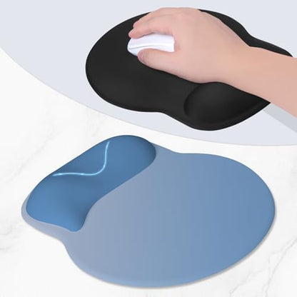 ITNRSIIET Ergonomic Mouse Pad with Wider Memory Foam Wrist Rest +17%, Curved Cushion Reduces Pressure 20%, Pain Relief, Non-Slip, Smooth, Cute Color Desk Accessory, 9.85 x 9 inch, Blue