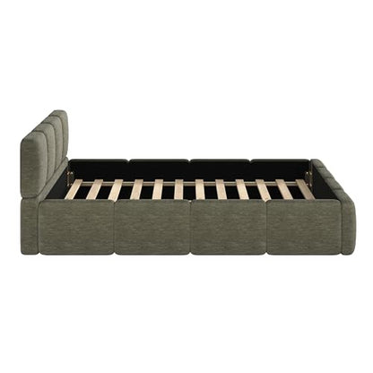 Queen Linen Blend Platform Bed, Thick Headboard and Footboard, Green