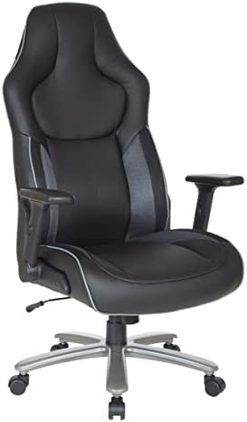 OSP Home Furnishings ECH Series Big and Tall Bonded Leather Gaming Chair for Up to 350 Pounds with Height Adjustable Flip Arms and Metal Base, Grey Mesh