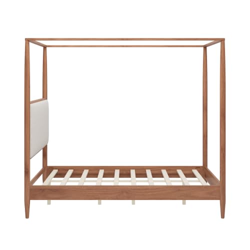 Canopy Bed Frame Queen Size with Tall Upholstered Headboard, Walnut