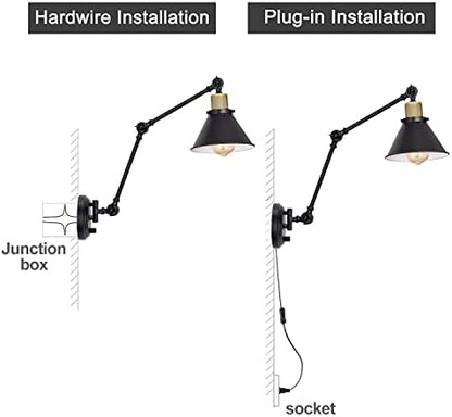 TRLIFE Plug in Wall Sconces, Dimmable Wall Sconce Swing Arm Wall Lights Plug in, Adjustable Wall Mounted Light Wall Lights with 6FT Plug in Cord, E26 Base(Two Arms, 2 Pack)