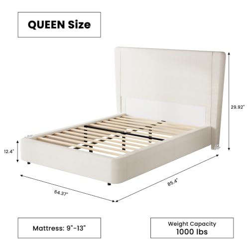 Boucle Queen Bed Frame, 51.2" Wingback Headboard, Beige