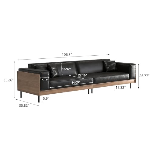 106.3" Mid-Century Modern Leather Sofa Couch with Wood Frame