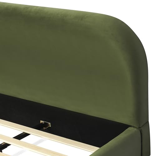 Queen Velvet Fabric Platform Bed with Curved Headboard, Olive Green