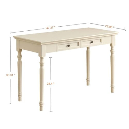 47” Solid Wood Writing Desk with Drawers, White