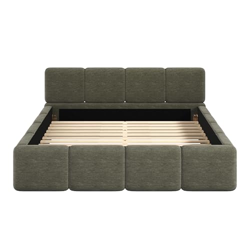 Queen Linen Blend Platform Bed, Thick Headboard and Footboard, Green