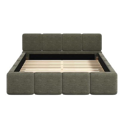 Queen Linen Blend Platform Bed, Thick Headboard and Footboard, Green