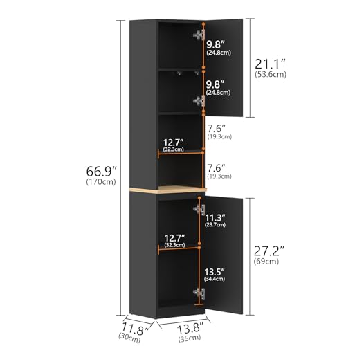 67" Tall Bathroom Storage Cabinet with 2 Doors, Black