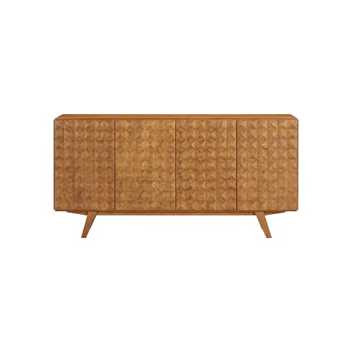 Sapa Mid-Century Modern Solid Wood Sideboard – 4-Door Accent Buffet Cabinet with Carved Geometric Fronts, for Living Room, or Entryway, Effortless Assembly, Teak Look