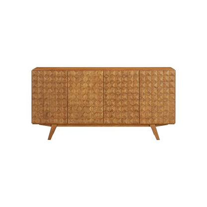 Sapa Mid-Century Modern Solid Wood Sideboard – 4-Door Accent Buffet Cabinet with Carved Geometric Fronts, for Living Room, or Entryway, Effortless Assembly, Teak Look