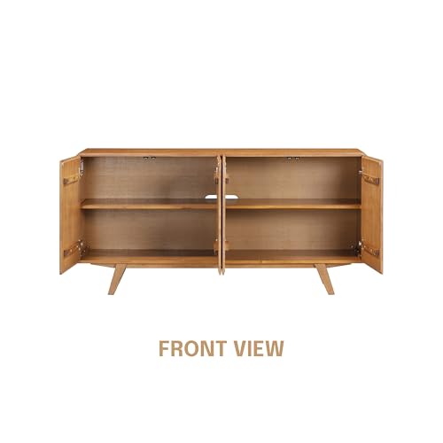 Sapa Mid-Century Modern Solid Wood Sideboard – 4-Door Accent Buffet Cabinet with Carved Geometric Fronts, for Living Room, or Entryway, Effortless Assembly, Teak Look