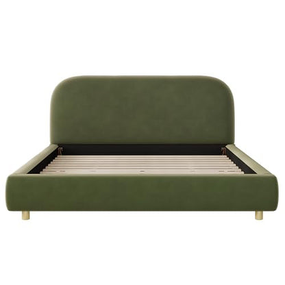 Queen Velvet Fabric Platform Bed with Curved Headboard, Olive Green