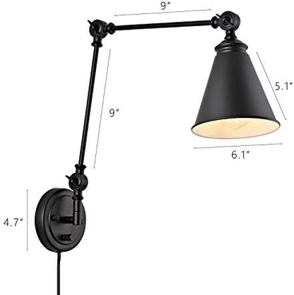 WINGBO Farmhouse Swing Arm Wall Sconce Set of 2, Industrial Adjustable Wall Lamp Light Fixture for Living Room Bedroom Vanity Study Desk Office, Plug in or Hardwired, Black