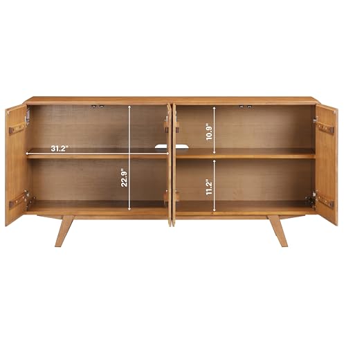 Sapa Mid-Century Modern Solid Wood Sideboard – 4-Door Accent Buffet Cabinet with Carved Geometric Fronts, for Living Room, or Entryway, Effortless Assembly, Teak Look