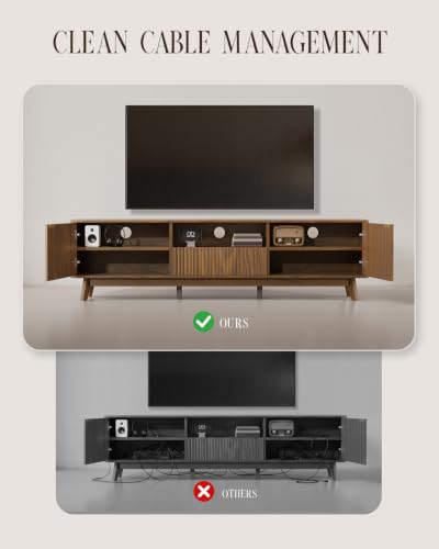 70 Inch Fluted TV Stand with Storage for Living Room, Walnut