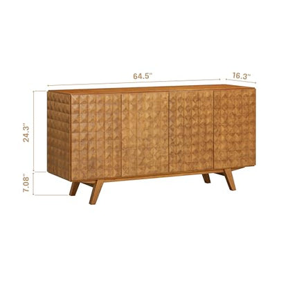 Sapa Mid-Century Modern Solid Wood Sideboard – 4-Door Accent Buffet Cabinet with Carved Geometric Fronts, for Living Room, or Entryway, Effortless Assembly, Teak Look
