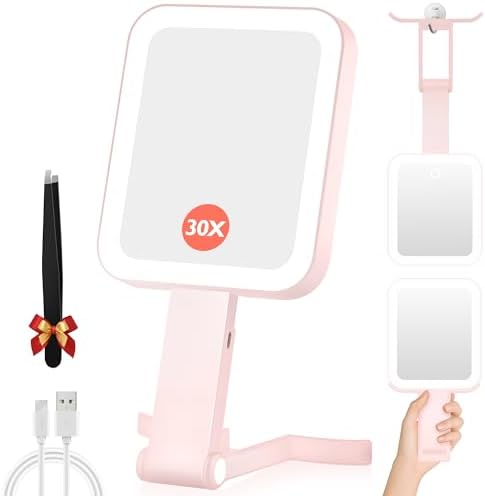 GOMIPURU Magnifying Travel Mirror with Light, 30X/1X Double-Sided Magnifying Mirror with 3 Color Lights, Brightness Adjustable, Foldable Handheld Makeup Mirrors Portable for Travel and Desktop, Rosy