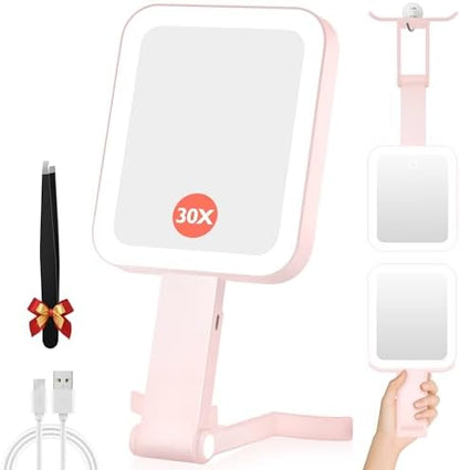GOMIPURU Magnifying Travel Mirror with Light, 30X/1X Double-Sided Magnifying Mirror with 3 Color Lights, Brightness Adjustable, Foldable Handheld Makeup Mirrors Portable for Travel and Desktop, Rosy