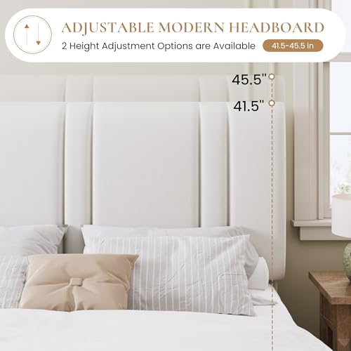 Queen Size Velvet Bed Frame with Adjustable Headboard, White