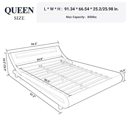 Queen Size LED Platform Bed Frame with Adjustable Headboard, Black
