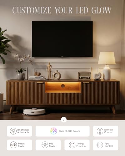 70 Inch Fluted TV Stand with Storage for Living Room, Walnut