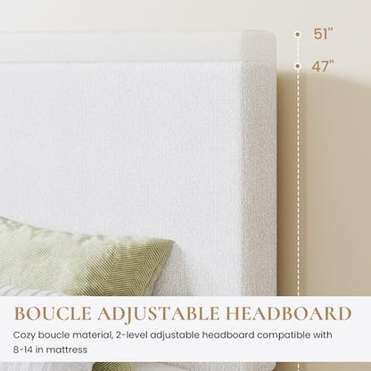 Boucle Upholstered Queen Size Bed Frame, White